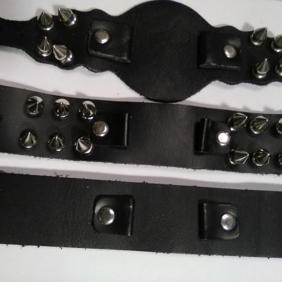 Lot of 3 Black Genuine Leather Spike & Studded Watch Bracelet- Unisex - Picture 1 of 3